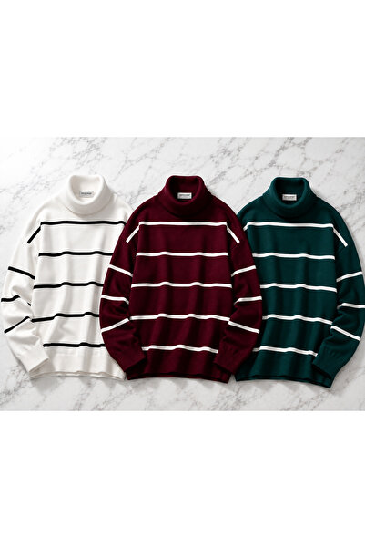 DepoExport Women's 3-Piece Striped Knitwear Sweater Oversize Loose Design