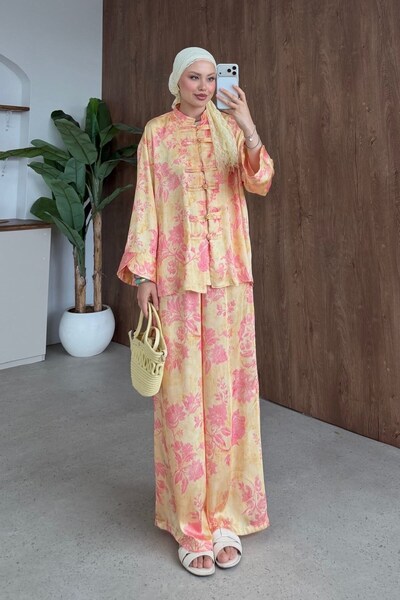 Hazamoda Sophia Satin Printed Mandarin Suit Yellow