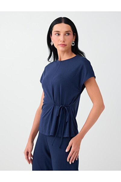 Jimmy Key Navy Blue Round Neck Short Sleeve Blouse with Tie Detail