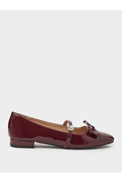 Styli Burgundy Patent Ballerina Flats with Diamante Strap and Bow Detail