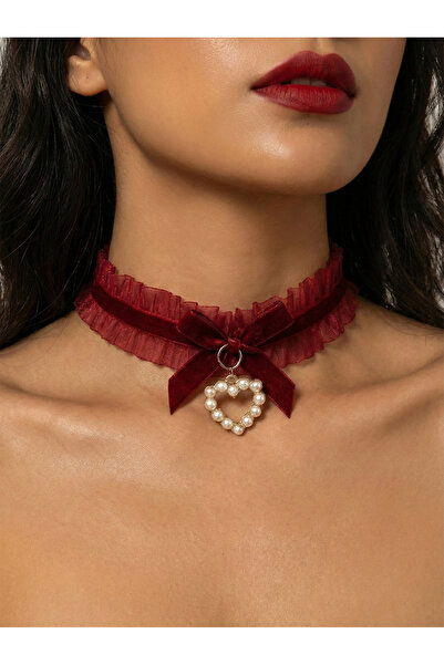 Take Two By Styli Lace Bow Faux Pearl Heart Choker Necklace
