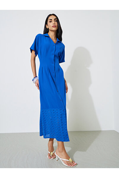 Styli Dark Blue Solid Schiffli Hem Short Sleeves Shirt Maxi Dress