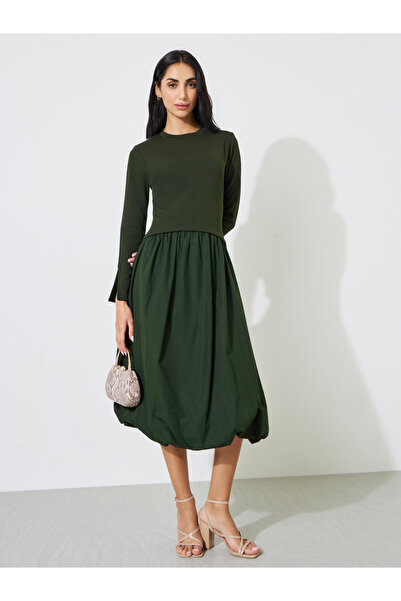 Styli Olive Solid Slit Sleeves A-Line Maxi Dress