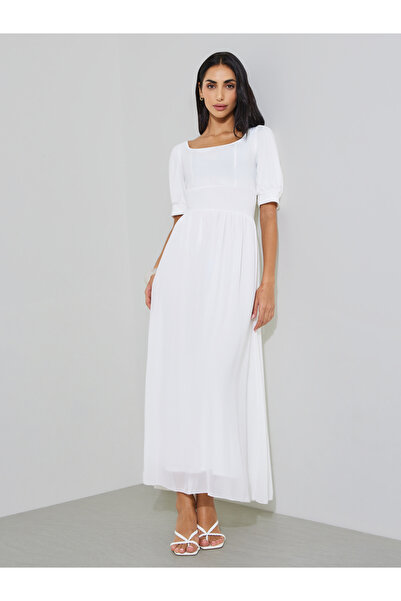 Styli White Solid Puff Sleeves A-Line Maxi Dress