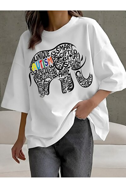 Generic Brand Colorful Autism Word Art Elephant,crew neck,back to school,wome...