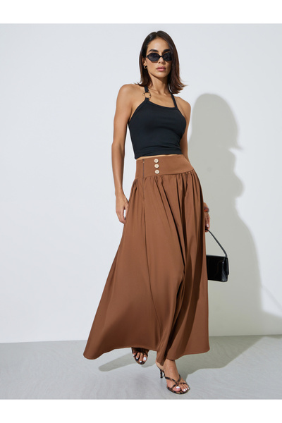 Styli Brown Solid Buttons Detail A-line Maxi Skirt