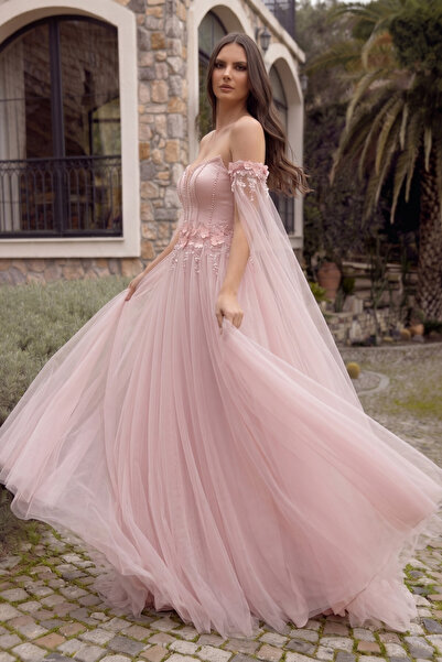 ÖMÜR INN Women's Strapless Sleeves Tulle Cape Long Evening Dress 6457 Powder