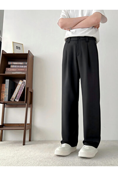 Take Two By Styli Men Black Linen-Look Pleated Wide-Leg Trousers