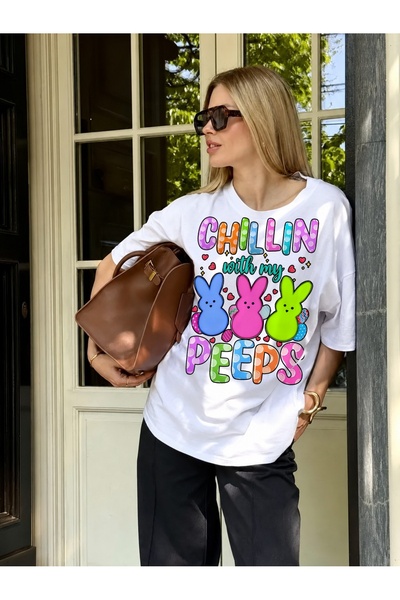 Generic Brand Chillin With My Peeps Colorful Bunny Design,crew neck,short sle...