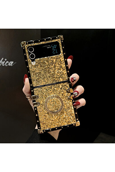 Choice10 Galaxy Z Flip7 Gold Luxury Artificial Glitter Rhinestone Leather Squ...