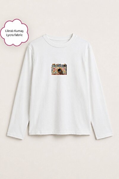 The Champ Clothing تي شيرت نسائي بأكمام طويلة مطبوع عليه كاميرا باللون الأبيض...