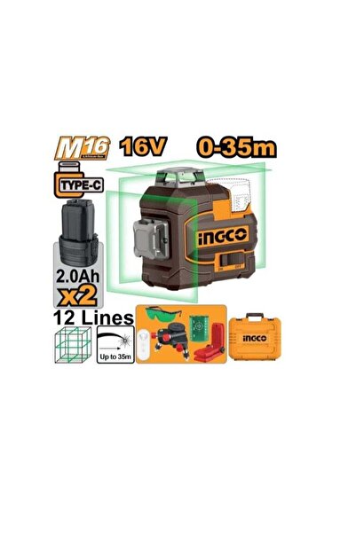 Ingco 16V Cordless 3D Green Laser Level, 360° Horizontal, 2×360° Vertical, 35...