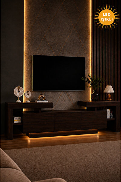 webotto 8 BulForte Led Işıklı Koyu Ceviz Tv Ünitesi 190cm Modern 3 Kapaklı Ço...