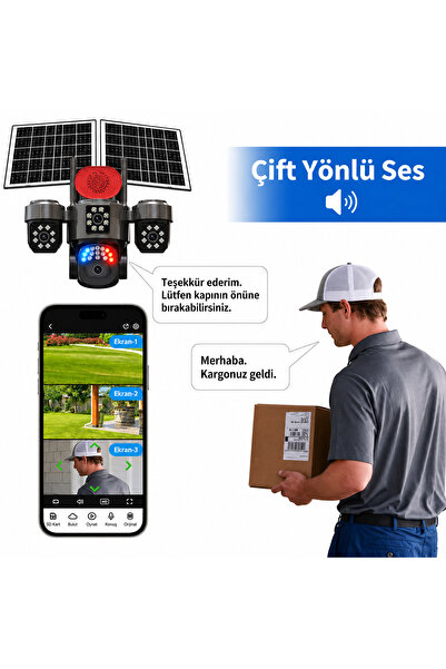 qasul 4G SIM Kartlı Solar Güvenlik Kamerası 20MP 4 Lens 360° PTZ 12X Dijital Zoom Çift Güneş Panelli Gece Görüşlü