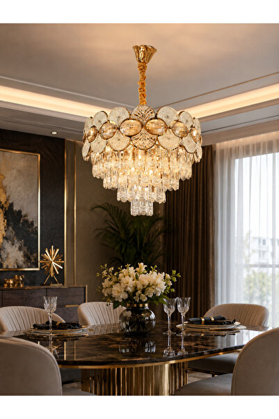 SimaAvize Sima Avize Modern Kristal Taşlı Gold Avize | Şık & Lüks Salon ve Ye...
