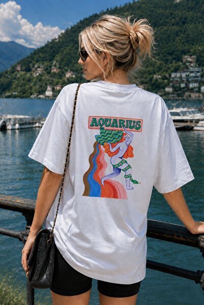 GIA - ART Women's Oversize T-Shirt Aquarius Printed White – Crew Neck, Comfor...