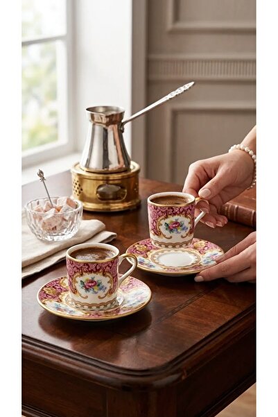 LeylArt Pink Floral Patterned Turkish Coffee Cup Set for 2, Porcelain Coffee ...