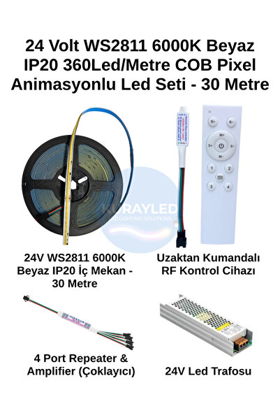 6000K Beyaz IP20 COB Pixel LED Seti | 24V Tek Renk Pixel LED + RF Kontrolcü + 4'lü Repeater | 10-30 Metre
