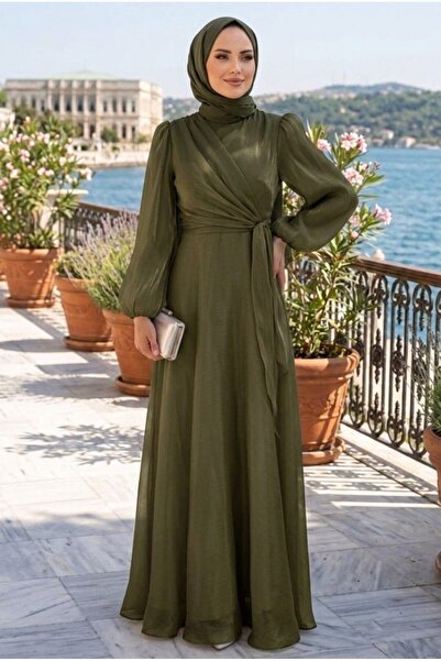 N.S NEVA STYLE Side Tie Khaki Hijab Evening Dress 62191Hk