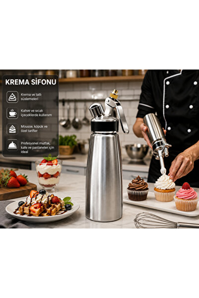 YDGR 1000 ml Paslanmaz Çelik Krema Sifonu – Pasta, Kahve ve Tatlı Süsleme