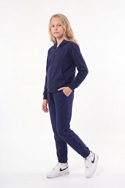 FYK KİDS Girl's Basic Zippered Hooded Double Pocket Tracksuit Set