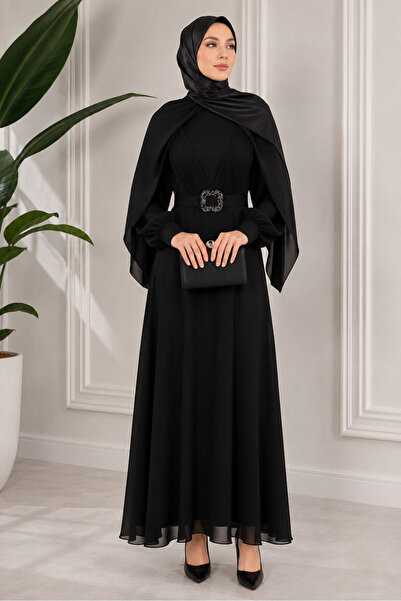 Roza Moda Collection Kadın Siyah Tesettür Abiye Elbise Şık Piliseli Belden Ke...
