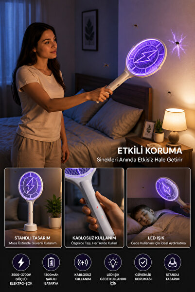 MO DOU Elektrikli Sinek Öldürücü Raket 3500-3700V – 1200mAh Şarjlı, LED Işıklı, Standlı, Type-C Kablosuz Sivrisinek Öldürücü