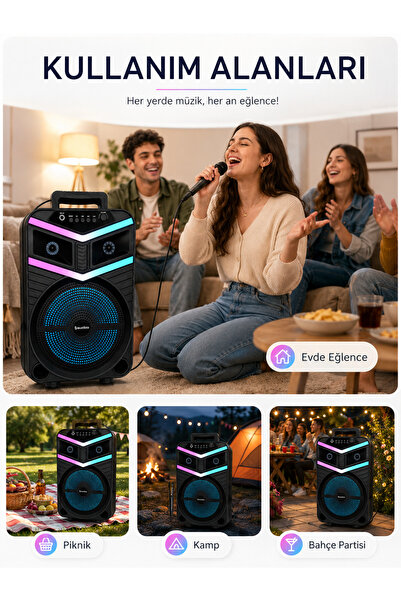 kawigo Bluetooth 5.2 Hoparlör Mikrofonlu RGB Işıklı FM Radyo USB TF Kart Destekli Taşınabilir Karaoke Hoparlör