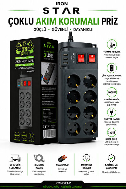 IRONSTAR AKIM KORUMALI PRİZ (TERMAL) / 8Lİ AKIM KORUMALI PRİZ 2 METRE KABLOLU...
