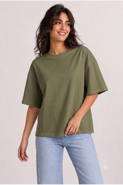 Kadın Haki Oversize Tişört %100 Pamuk Bisiklet Yaka Casual T-shirt