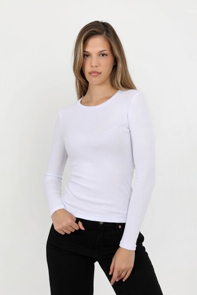 HDM Women's White Long Sleeve Ribbed Crew Neck Basic T-Shirt - H6161