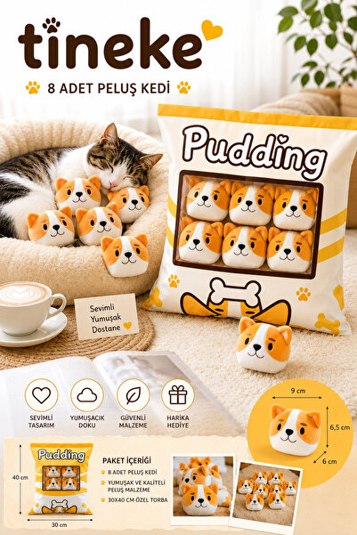 TİNEKE 8’li Peluş Kedi Yastığı Seti – Minik Yumuşak Kedi Oyuncağı ve Uyku Ark...