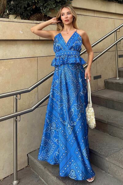 Swist Blue Thin Straps Back Tie Shawl Pattern Women's Satin Midi Dress