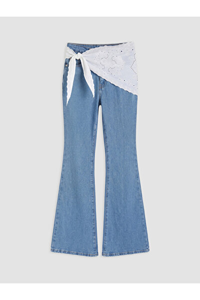 LC Waikiki İndigo Beli Fularlı Flare Kadın Jean Pantolon