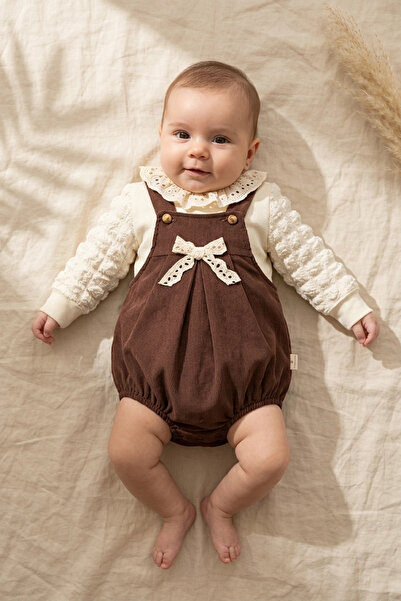 DYZSTAR Baby Girl Brown Corduroy Salopet and Popcorn Blouse Romper with Scall...