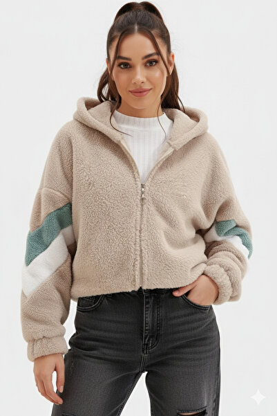 SUN BUTİK Bej Kapüşonlu Fermuarlı Peluş Sweatshirt