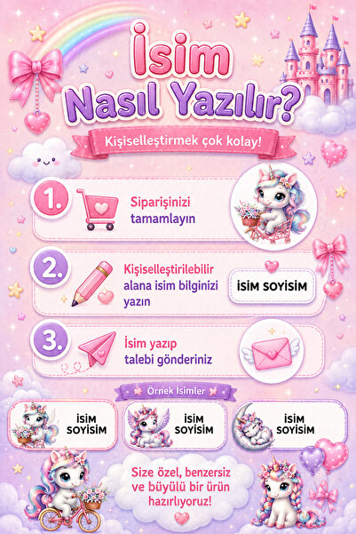 cabuk baskı Kız Çocuk İsme Özel Okul Etiketi 75 Adet Unicorn Temalı Defter Kitap Kalem İsim Etiketi