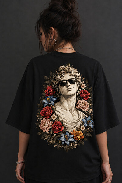 Floral Statue Unisex Siyah %100 Pamuk Oversize Baskılı Tişört