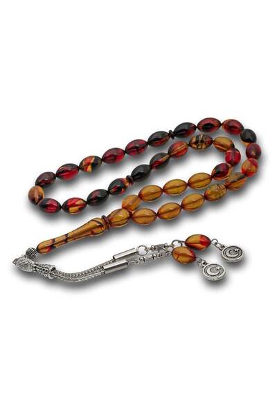 Inure Jewelry Burgundy Amber Crimped Amber Prayer Beads with Metal Tassels
