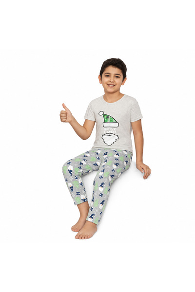 turkish Beige Boy's Pajama Set with Santa Claus Print and Pants