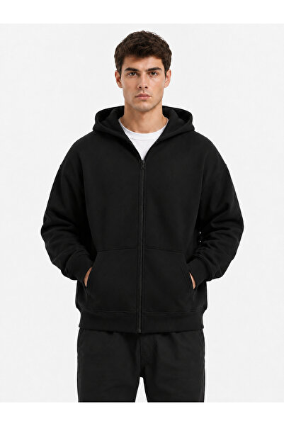 VEK Oversize Kapüşonlu Fermuarlı Sweatshirt Ceket Unisex 3 İplik Şardonlu