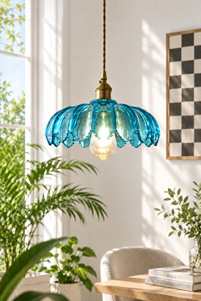 Luna Lighting Petra Model Bebek Mavisi Cam Klasik Sarkıt Tekli Avize