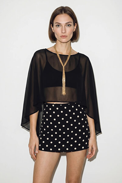 Şeker Portakalım Women's Boat Neck Bat Sleeve Transparent Chiffon Black Blouse
