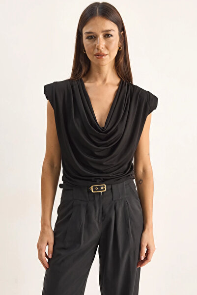 Generic Brand Women's Padded Collar Viscose Black Blouse