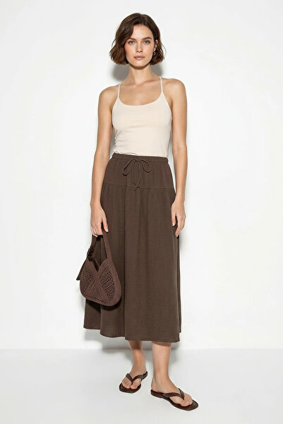 Generic Brand Women's Elastic Waist Lace-Up Muslin Midi Skirt Ye Brown
