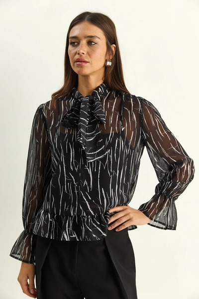 Şeker Portakalım Women's Gathered Sleeve Detailed Tie-Collar Patterned Chiffo...