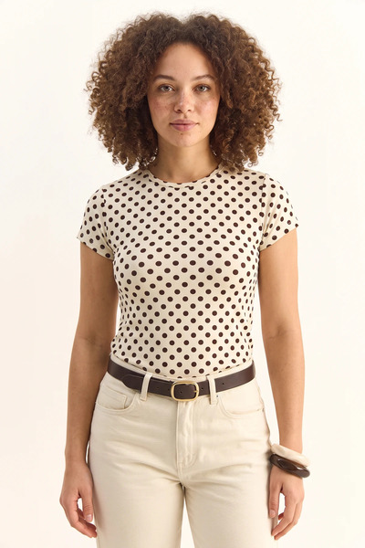 Şeker Portakalım Women's Crew Neck Polka Dot Short Sleeve Crop t Shirt Beige ...