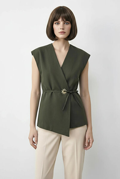 Efnaz style Women's Stylish Buttoned Belted Woven Khaki Vest