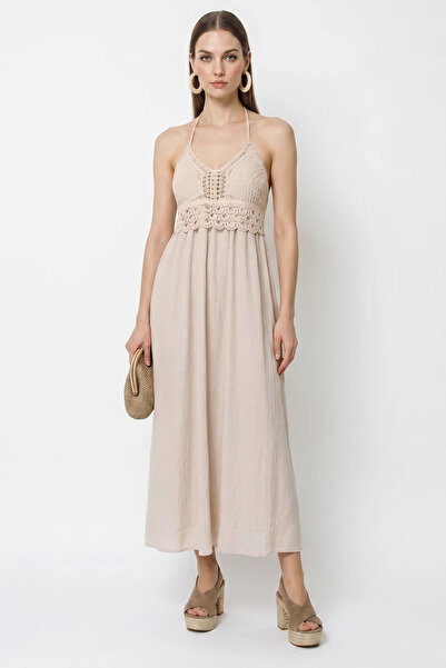 Efnaz style Women's Raw Linen Textured Knit Detailed Backless Long Beige Dress