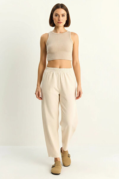 Efnaz style Women's Elastic Waist Carrot Cut Linen Cream Trousers with Pocket...